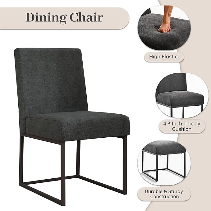 VKNOW Upholstered Dining Chairs Set of 4, Modern Dining Room Chairs, Linen Kitchen Chair Dinner Chair with Black Metal Base for Kitchen Office, Dark Grey-Unstriped
