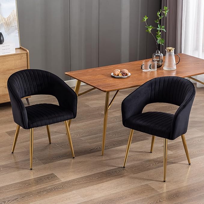 Modern Velvet Dining Chairs Set of 2, Upholstered Gold Dining Room Chairs with Hollow Back, Accent Armrest Kitchen Chairs with Gold Legs for Living Room Reception Black