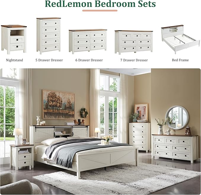 RedLemon Farmhouse Full Size Bed Frame with Bookcase Headboard, Sliding Barn Door, Storage Cabinet, Charging Station, Wood Slats Support, No Box Spring Needed, Antique White
