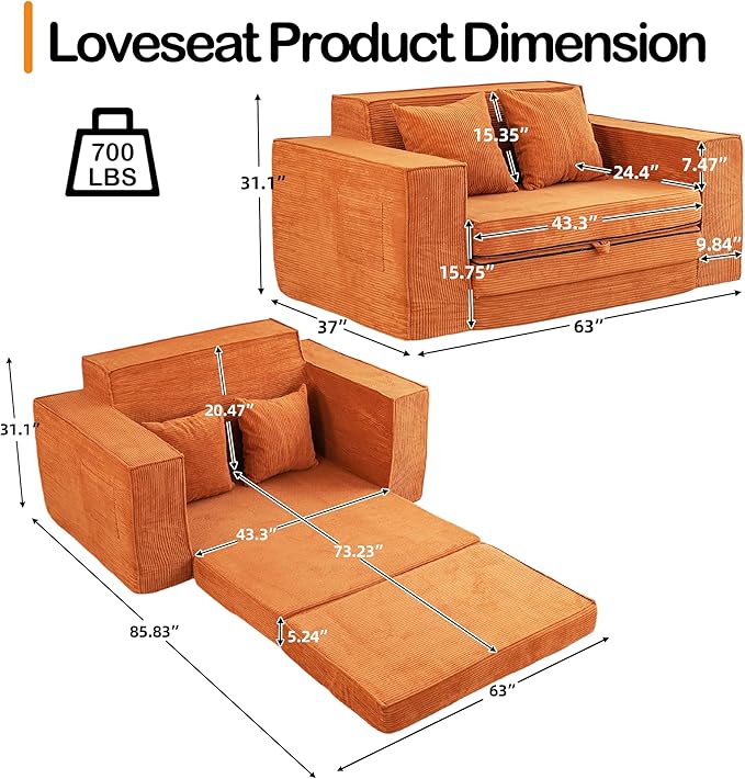 HOMREST Convertible Memory Foam 3-seat Sofa & Loveseat, Pull Out Sleeper Sofa Bed, 2 in 1 Folding Couch Bed, Fold Out Floor Couch Corduroy Fabric with Pillows for Living Room Bedroom Lounge(Brown)
