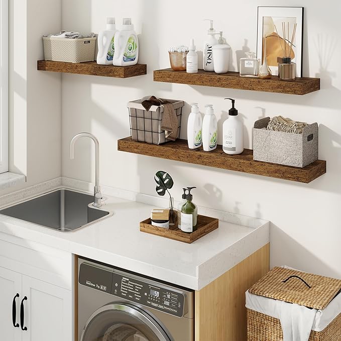 fuqing Floating Shelves for Wall, Wall Mounted Wood Floating Shelf with Invisible Brackets for Living Room, Bathroom, Bedroom, Kitchen Storage and Decor, 24 Inch Set of 2, Rustic Brown