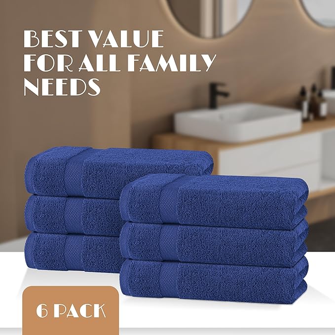 Wealuxe Navy Blue Bath Towels 24x50 Inch, Cotton Towel Set for Bathroom, Hotel, Gym, Spa, Soft Extra Absorbent Quick Dry 6 Pack