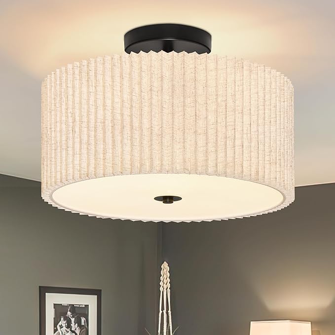 3-Light Semi Flush Mount Ceiling Lights Fixture 15.7 Inch Drum Light Fixture Drum Ceiling Lights with Pleated Fabric Shade Black Close to Light Fixtures for Hallway Living Room