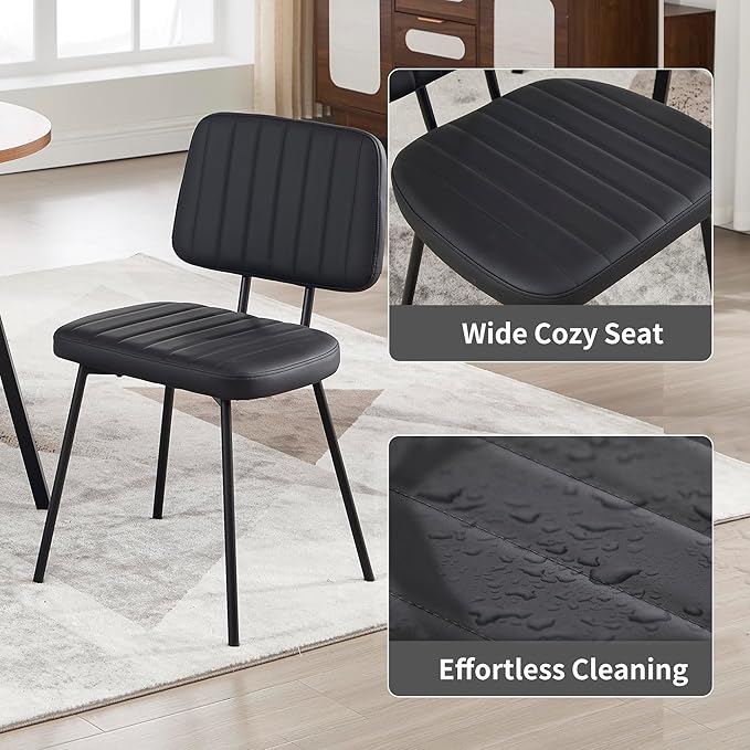 Dining Chairs Set of 2, Faux Leather Upholstered Dining Chairs, Mid Century Modern Kitchen Dining Room Accent Chairs with Curved Backrest and Steel Frame for Living Room, Vanity - Black