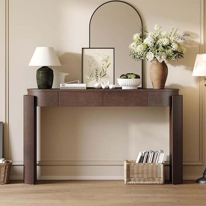 55.1" Entryway Narrow Console Table with Drawers, Oval Top & Fluted Legs, Natural Wood Grain Sofa Table for Hallway, Foyer, Behind Couch, Accent Table for Living Room, Solid Wood + MDF (Espresso)