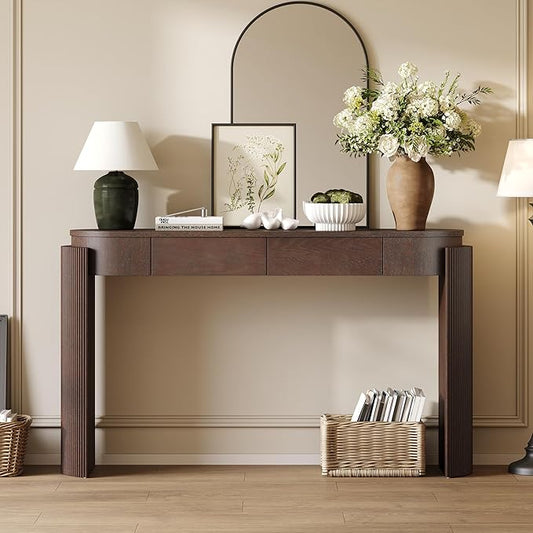 55.1" Entryway Narrow Console Table with Drawers, Oval Top & Fluted Legs, Natural Wood Grain Sofa Table for Hallway, Foyer, Behind Couch, Accent Table for Living Room, Solid Wood + MDF (Espresso)