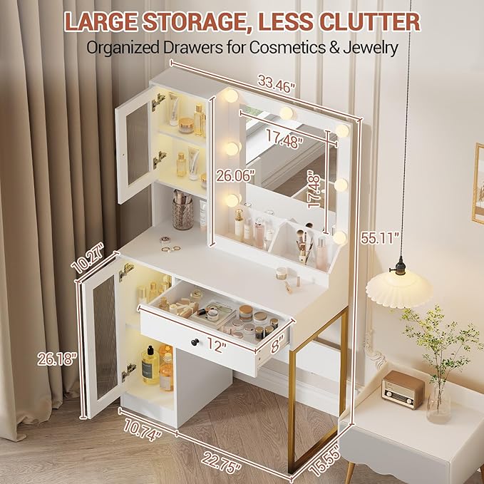Vanity Desk with Mirror and Lights, Makeup Dressing Table w/Adjustable Bulbs, Outlets & USB Ports, Sturdy MDF Top & Metal Leg, Smart Storage Drawers & Cabinets for Bedroom