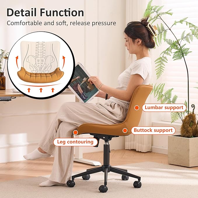Kidol & Shellder Tan Leather Home Office Desk Chair with Wheels Modern Cute Armless Executive Swivel Vanity Chair with Comfy Padded Back Ergonomic Rolling Adjustable Computer Task Chair Small