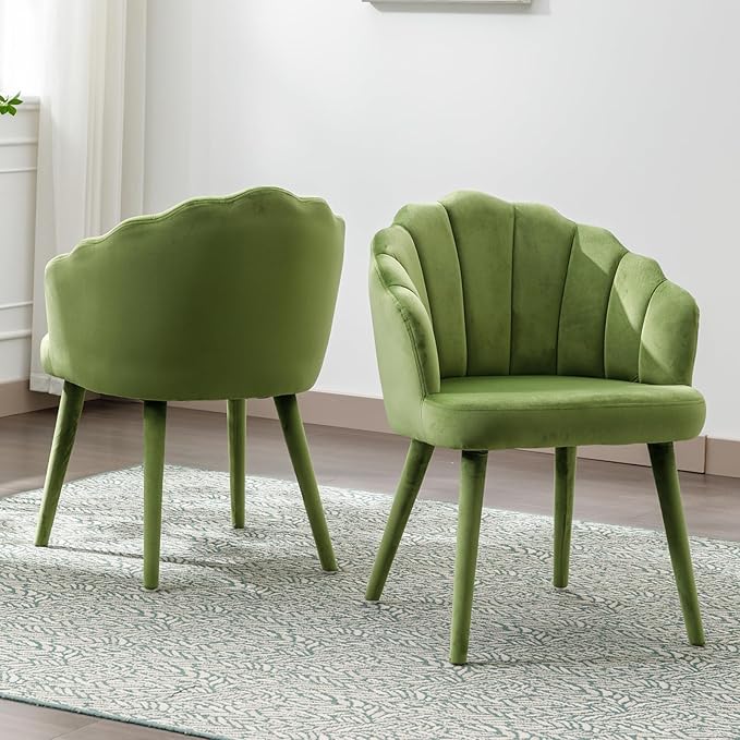 Velvet Dining Chairs Set of 4 Modern Living Room Chairs with Petal Back & Wood Legs Comfy Upholstered Side Chair for Dining Room/Bedroom/Vanity, Olive