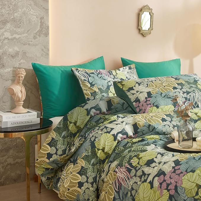 EAVD Green Leaves Botanical Comforter Set Soft Fluffy Microfiber Tropical Leaf Bedding Set with 2 Pillowcases Reversible Plant Leaves Comforter Set for All-Season