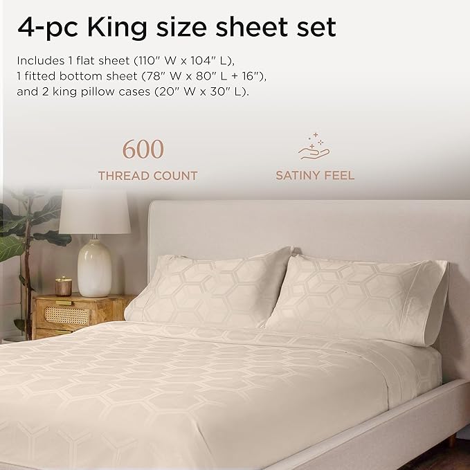 Threadmill 100% Cotton Sheets for King Size Bed - 600 Thread Count King Bed Sheets Set with 16” Deep Pocket - Jacquard Sateen Weave 4-Piece Bedding Set with Cooling Effect, Beige