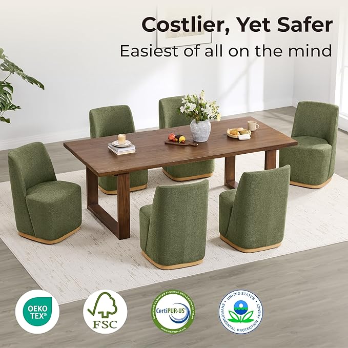 CHITA Upholstered Rolling Dining Chair on Casters Set of 4, FSC Certified Modern Fabric Dining Chair with Casters, Boucle Dining Chairs for Reading Room Kitchen Dining Room, Moss Green