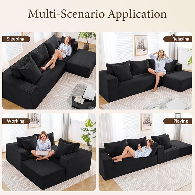 INGEROOM 108" Cloud Sectional Couch with L-Shape Chaise, Modular Sofa Memory Foam, Boneless Sofa with Movable Ottoman, Plush Corduroy Memory Foam Couch for Living Room, No Assembly, Black