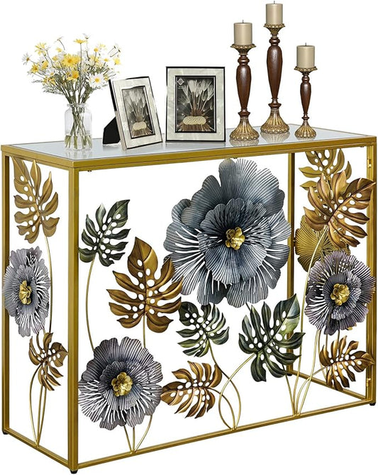 Console Table, Vintage Art Sofa Table with Metal Flower Decor, Narrow Entryway Tables with Glass Mirror Tabletop Behind Sofa, Narrow Accent Table for Entryway Living Room Hallway Bedroom