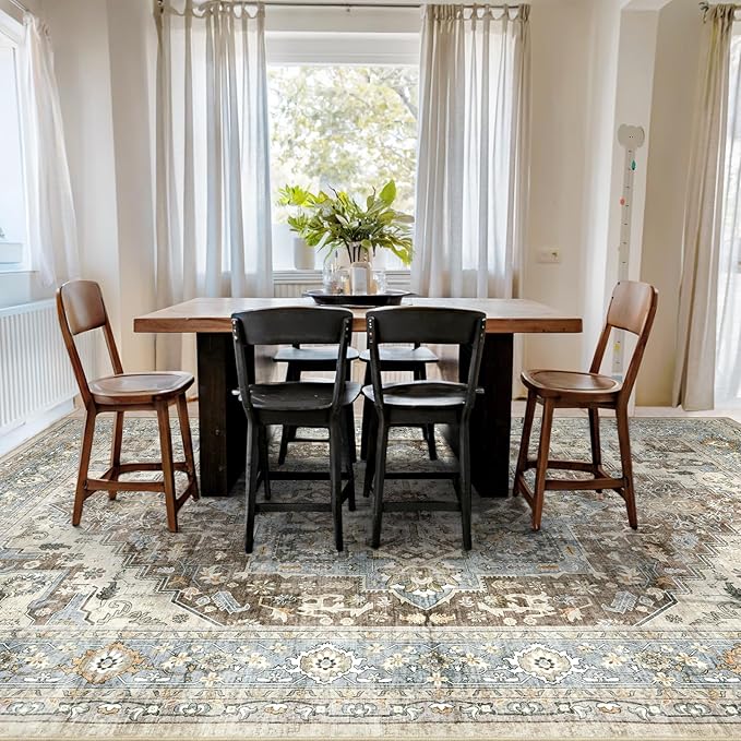 Area Rugs for Living Room 6x9 - Machine Washable Vintage Oriental Soft Rug, Low Pile Thin Floor Carpet with Non Slip Backing for Bedroom, Dorm, Under Dining Room Table, Indoor House, Office Decor