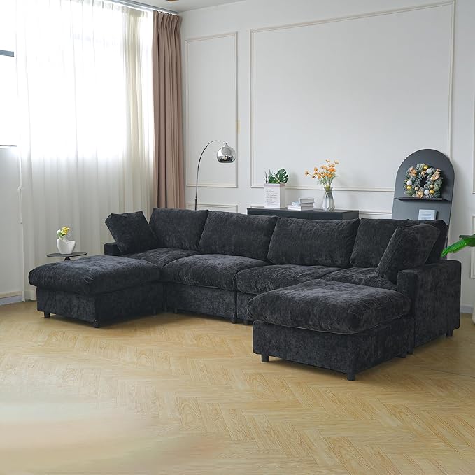 JACH U Shape Sectional Couches for Living Room, Modular Sofa with Chaise Ottomans, Cloud Sectional Couch, Sofa Covers Washable, Minimalist Couch for Living Room, Apartment, Black