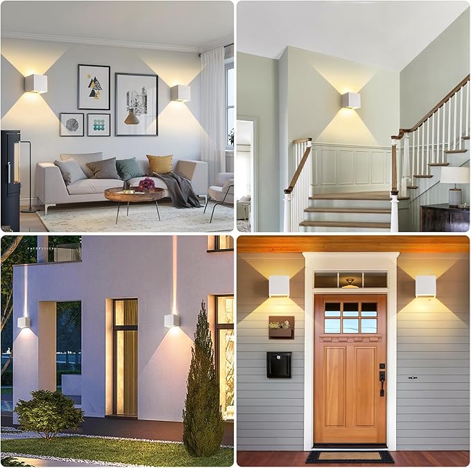 2 Pack LED Outdoor Wall Lights Exterior/Interior 3 Colors Adjustable 15W Wall Light Fixture IP65 Waterproof Porch Exterior Wall Sconce Modern Outdoor Lighting Square Aluminum White Up and Down Lights