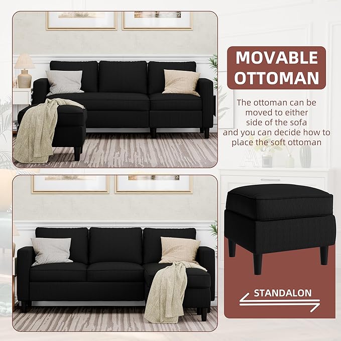 JAMFLY Sectional Sofa Couch Convertible L Shaped Sofas with Ottoman Small Sectional Couches for Living Room, 3 Seater Couch for Small Spaces, Black