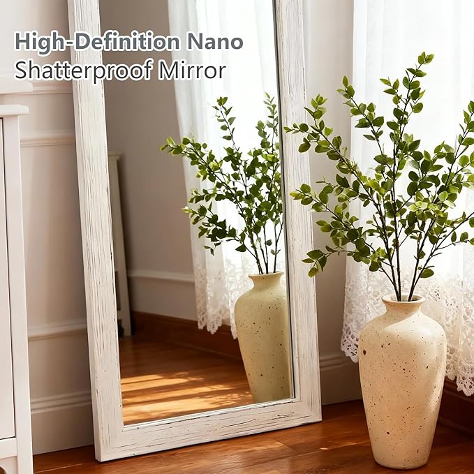 Yumyolk Full Length Mirror with Stand 64"x26" Large Vintage Wood Wall Mounted Mirrors for Bedroom White