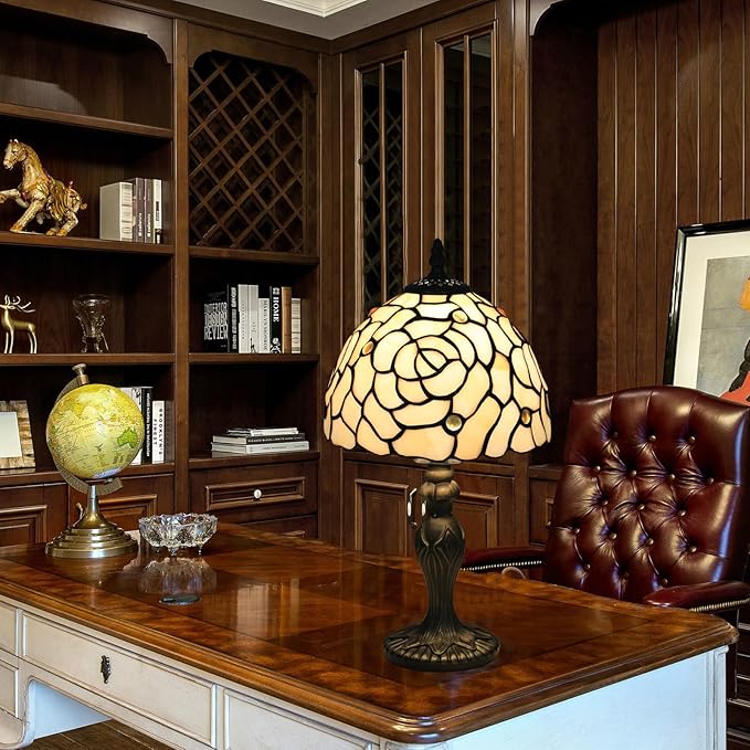 Tiffany Style Small Table Lamp, 8X8X14.5 Inch Rose Stained Glass Lamp, Small Antique Side Table Lamps, Bedside Nightstand Lamp, for Bedroom Living Room Home Office,LED Bulb Include