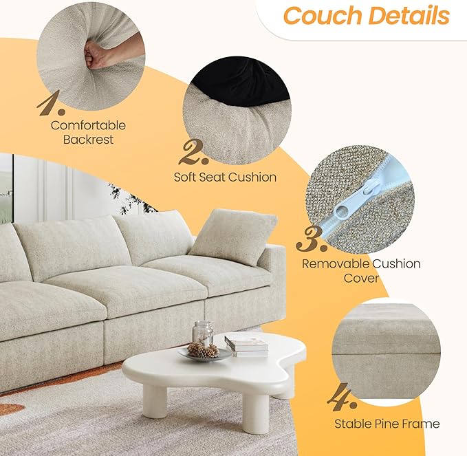 JACH 160" Cloud Sectional Couch, Modern Modular Convertible Sofa, Couch Cushion Covers Removable, 4-Seats Sofas Furniture for Living Room Bedroom Apartment (Khaki)