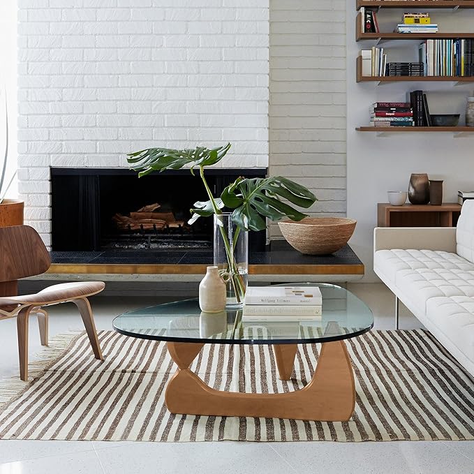 Noguchi Triangle Glass Coffee Table with Solid Wood Base, Vintage Clear Glass Top Modern Design for Living Room, Patio, Study, Light Walnut