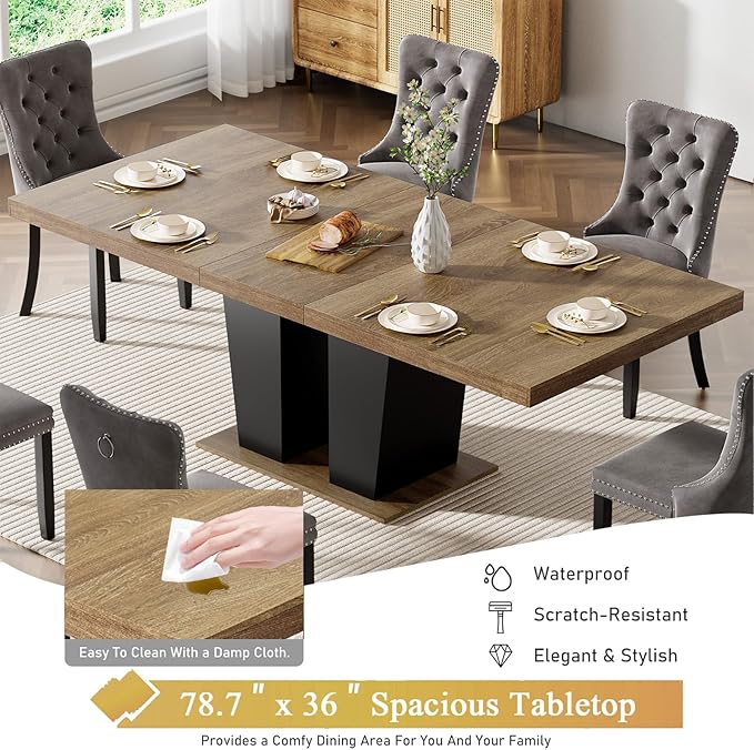 Goujxcy 9-Piece Extendable Dining Table Set for 6-8 People 63-78 Inch Kitchen Table Set with 8 Velvet Upholstered Chairs Farmhouse Rectangular Dining Room Table Set for Kitchen Dining Room Apartment