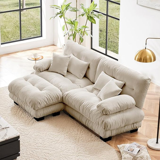 94.4" Loveseat Sofa, 2 Seater Modular Sectional Sofa, Beige Large L Shaped Sectional Fluffy Couch, Chenille Cloud Couch with Ottoman, Deep Seat Sofas for Living Room