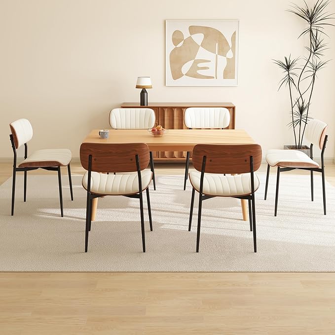 Modern PU Leather Dining Room Chairs Set of 6, Upholstered Kitchen Chairs with Curved Wood Backrest and Metal Legs Adjustable Feet for Kitchen Dining Room(Beige)