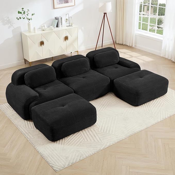 116" Modern Compressed Boneless Couch with Ottoman, 3 Seater Large U Shaped Sectional Couches for Living Room, Black Corduroy Cloud Modular Sectional Sofa, Memory Foam, Extra Deep, No Assembly