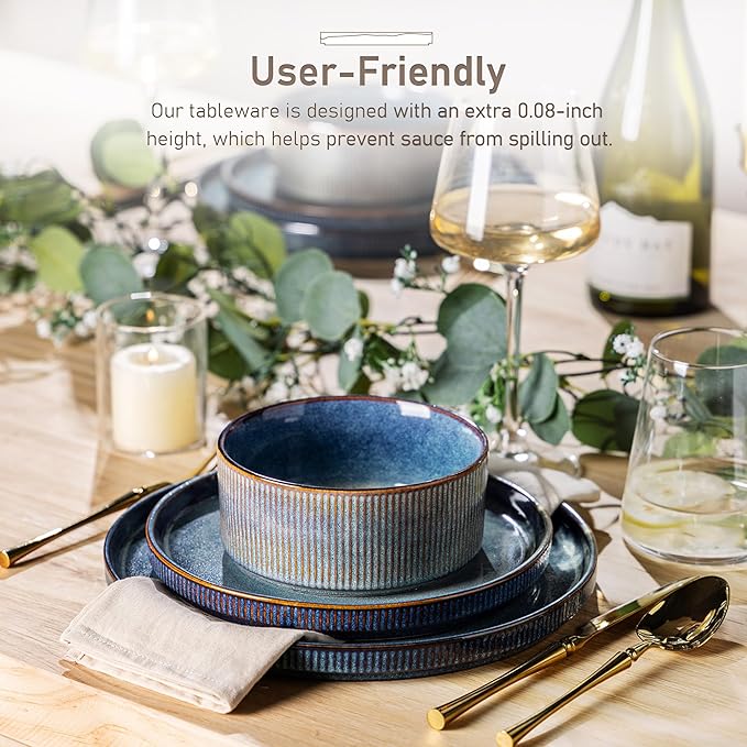 GBHOME Stoneware Dinnerware Sets for 4,Round Reactive Glaze Ceramic Plates and Bowls Set,Highly Scratch Resistant | Dishwasher & Microwave Safe Dishes Set,Service for 4(12Pcs),Ceylon Blue