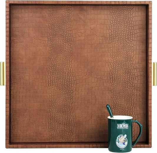 HofferRuffer Elegant Decorative Serving Tray, 20"x20" Square Faux Leather Ottoman Tray with Gold Hardware Handles, Coffee Table Serve Tea Coffee or Breakfast (Antique Brown)