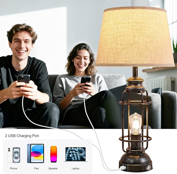 28" Table Lamps for Living Room Set of 2, 3 Way Dimmable Touch Lamps with USB A+C Ports,Farmhouse Table Lamps for Bedroom,Industrial Lamp for Living Room End Tables, 4 Bulbs Included