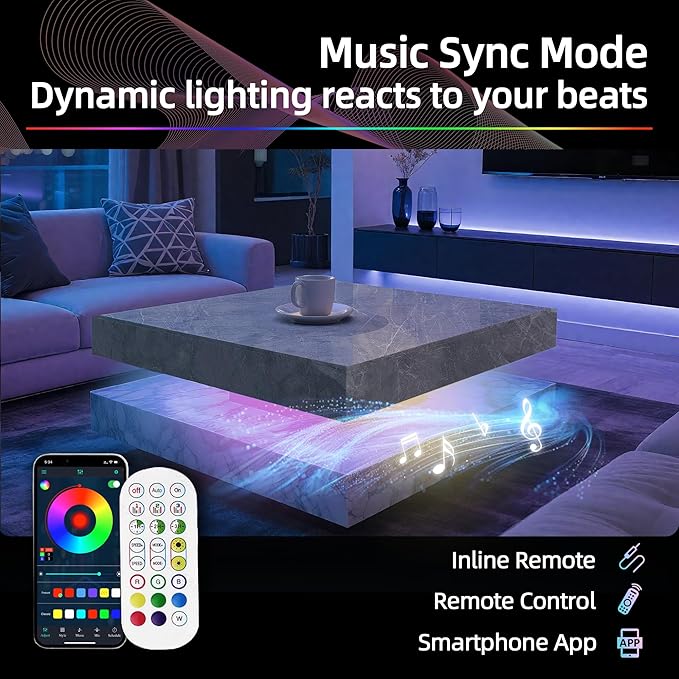 LED Coffee Table for Living Room, 2-Tier Modern Square Center Table with Music Sync Lights, High Gloss Surface, 30 3/4" x 30 3/4" (Grey)