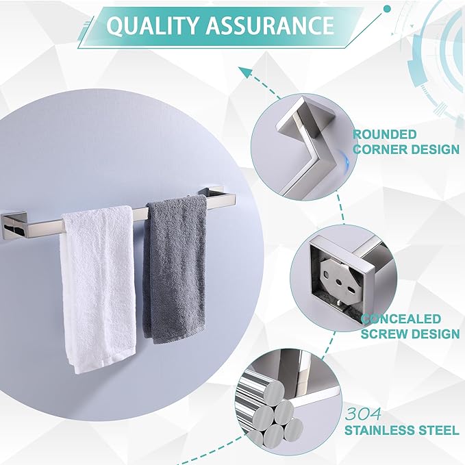 LANC Bath Towel Bar 24-Inche Stainless Steel Towel Rack for Toilet Bathroom Hardware Silver Towel Hanger Towel Rail Towel Rod Heavy Duty Wall Mounted Towel Holder Chrome Polished, A8804CP-6P1