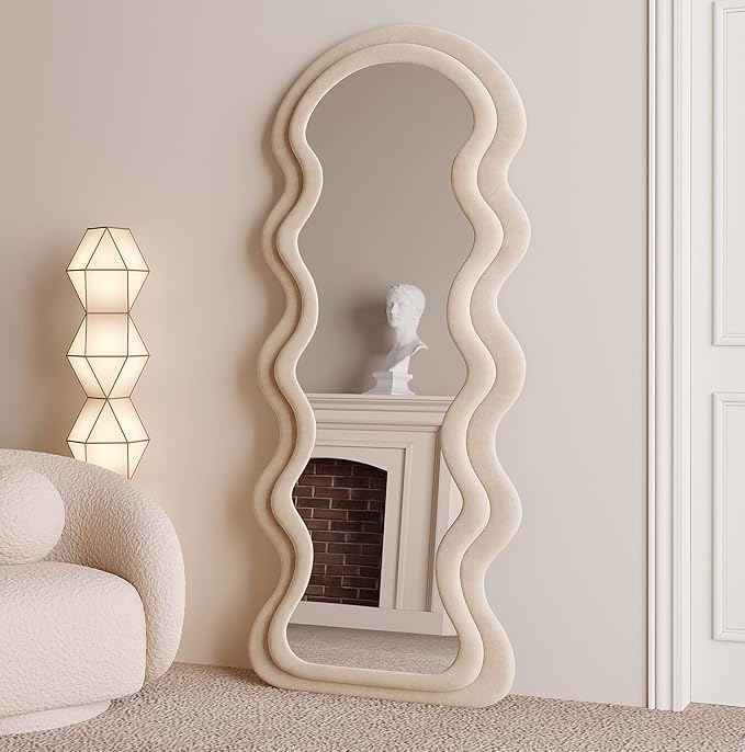 BOJOY 63"x24" Irregular Wavy Mirror, Wall Mount, Modern Bedroom Mirror, Milk Tea Color