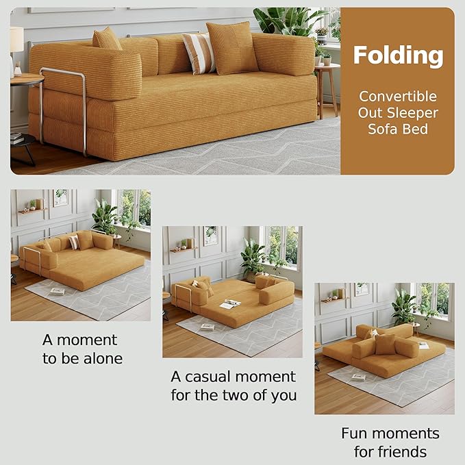 98.4''Convertible Sleeper Sofa Bed,Compressed Floor Boneless Couch,Modular Modern Corduroy Sofa for Living Room Bedroom -with Fixed-Shape Frame and Support Armrest,Easy Assembly(Yellow)
