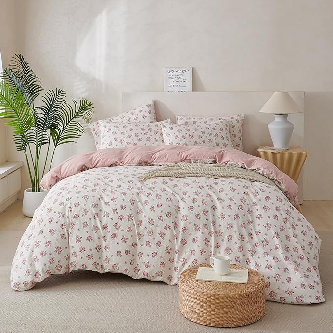 King Size Floral Comforter Set 3 Pieces Soft Cute Fresh Floral Bedding Comforter Lightweight Garden Style King Floral Botanical Comforter Set for All Seasons 1 Comforter and 2 Pillowcases