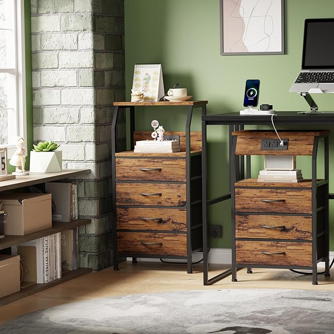 Furnulem Night Stand Set of 2, 28.3 Inch Bedside Table with Charging Station, 3 Fabric Drawers Side Table with Wood Shelf, End Table with USB Ports & Outlets for Bedroom, 3 Ways to Use, Rustic Brown