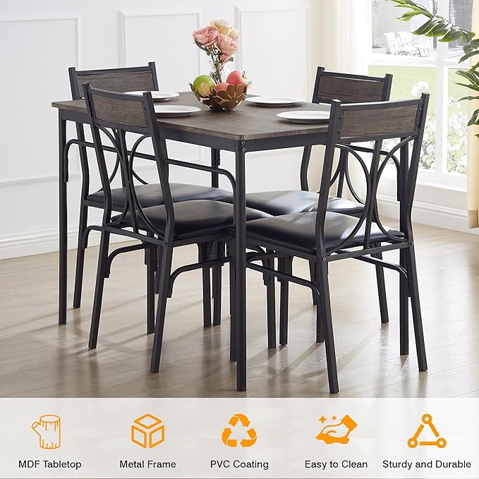 VECELO Dining Table Set for 4, Kitchen Table Set with 4 Chairs for Small Space, Space-Saving and Modern Design, Apartment, Easy to Assemble,Classic Brown