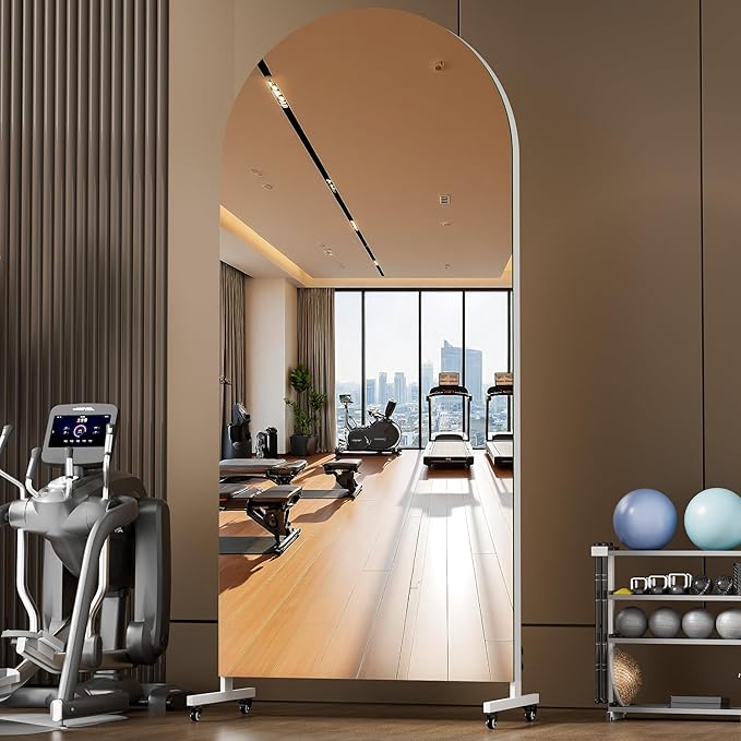 Hasipu 75" x 40" Arched Rolling Home Gym Mirror with Wheels, 360° Swivel Body Mirror with HD Tempered Glass, Large Floor Mirror for Yoga Room, Dance Studio, Bedroom & Home Gym
