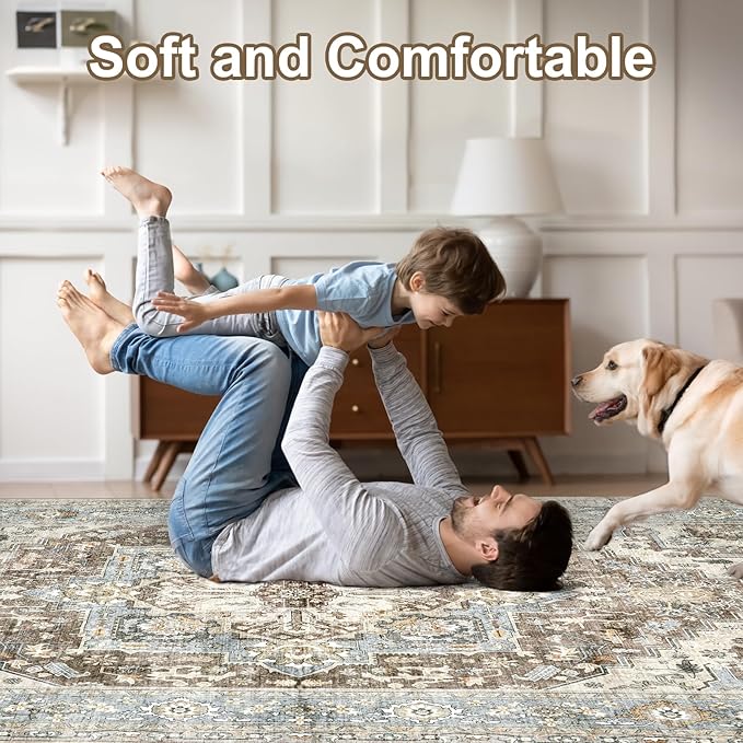 Area Rugs for Living Room 6x9 - Machine Washable Vintage Oriental Soft Rug, Low Pile Thin Floor Carpet with Non Slip Backing for Bedroom, Dorm, Under Dining Room Table, Indoor House, Office Decor