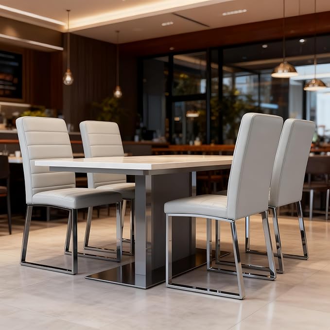 Modern Dining Chairs Set of 4, White Faux Leather Kitchen Chairs, Upholstered Armless Dining Room Chair with Gold Mental Legs Heavy Duty, Comfortable (Grey Chiars, Set of 4)