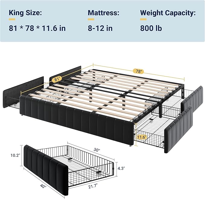 Allewie King Size Platform Bed Frame with 4 Large Storage Drawers, Velvet Vertical Channel Tufted Upholstered Bed Base, Wooden Slats Support, Noise-Free, No Box Spring Needed, Easy Assembly, Black