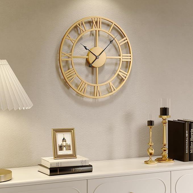 Cuspin Gold Wall Clock 16 Inch Metal Decorative Clock for Living Room, Battery-Operated Completely Silent Non Ticking Round Modern Wall Clock -Roman Number