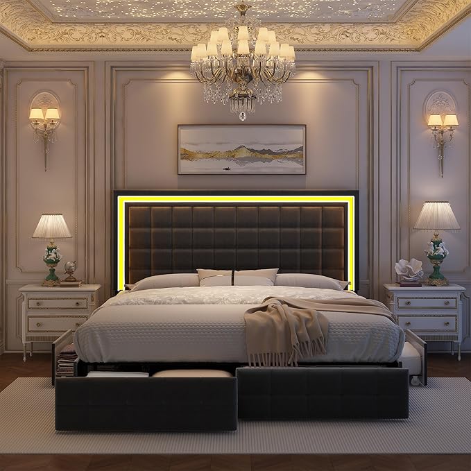 Queen Led Bed Frame with 4 Storage Drawers, Bed Frame with Led Lights No Box Spring Needed, 900 lbs Capacity, Easy Assembly, Sturdy Design, Velvet Grey