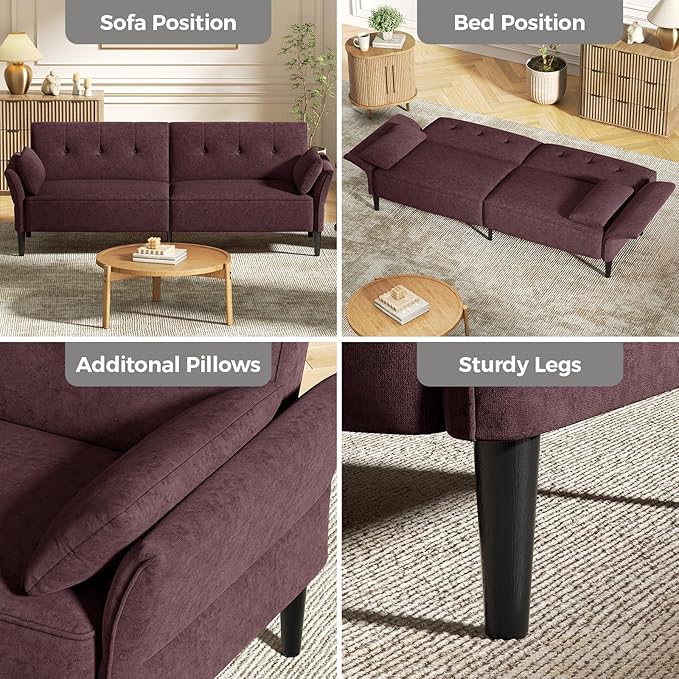 89” Futon Sofa Bed, Comfy Futon Couch Bed with 2 Square Pillows, Convertible Sleeper Sofa with Adjustable Backrest& Armrests, Modern Loveseat Sleeper for Living Room,Velvet Fabric Burgundy
