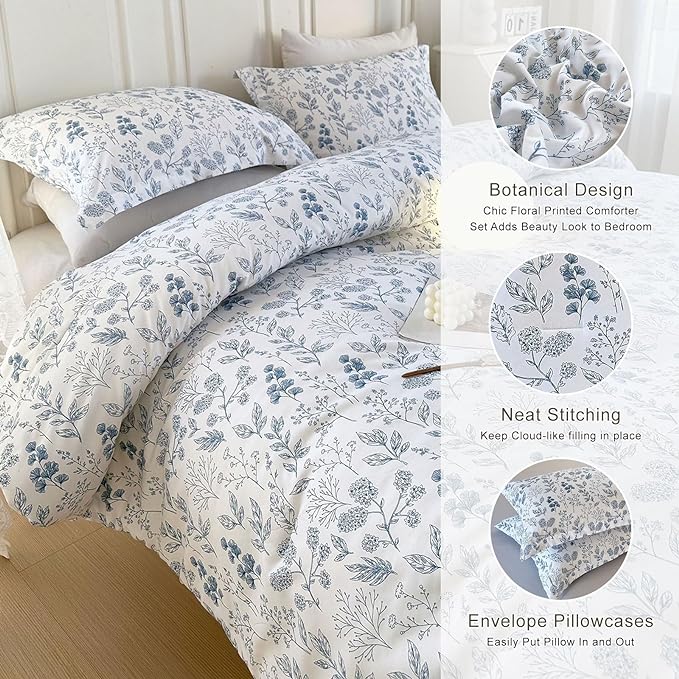 EAVD Queen Comforter Set White and Blue Floral Bedding Set for Women Soft Microfiber 3-Piece Vintage Garden Floral Comforter Set with 2 Pillowcases Botanical Bedding Set for All-Season