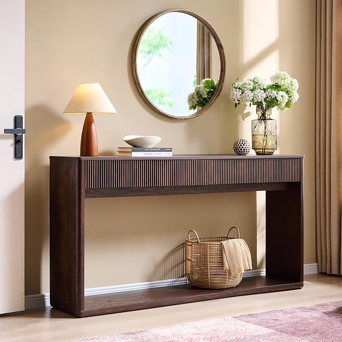 OKD 63" Fluted Console Table for Entryway, Modern Entryway Table with 2 Large Drawers, Long Sofa Table Behind Couch for Living Room, Hallway, Couch, Foyer，Dark Walnut