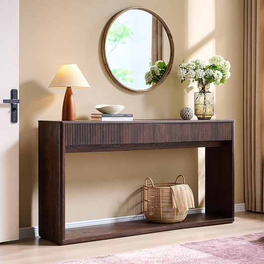OKD 63" Fluted Console Table for Entryway, Modern Entryway Table with 2 Large Drawers, Long Sofa Table Behind Couch for Living Room, Hallway, Couch, Foyer，Dark Walnut